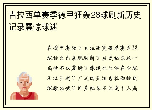 吉拉西单赛季德甲狂轰28球刷新历史记录震惊球迷 吉拉西单赛季德甲狂轰28球刷新历史记录震惊球迷