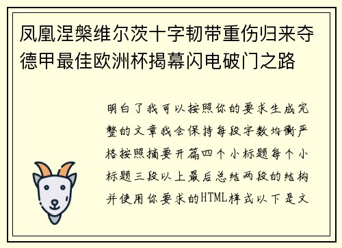 凤凰涅槃维尔茨十字韧带重伤归来夺德甲最佳欧洲杯揭幕闪电破门之路