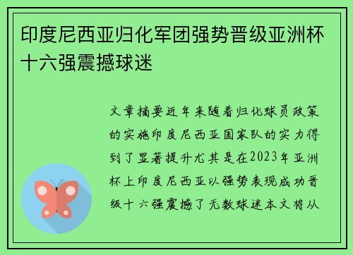 印度尼西亚归化军团强势晋级亚洲杯十六强震撼球迷